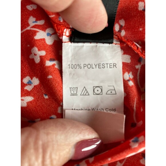 SHEIN Blouse Size Small Red Floral Ruffle Neck & Wrist Tie Neck Silky Top Dressy - Picture 8 of 11